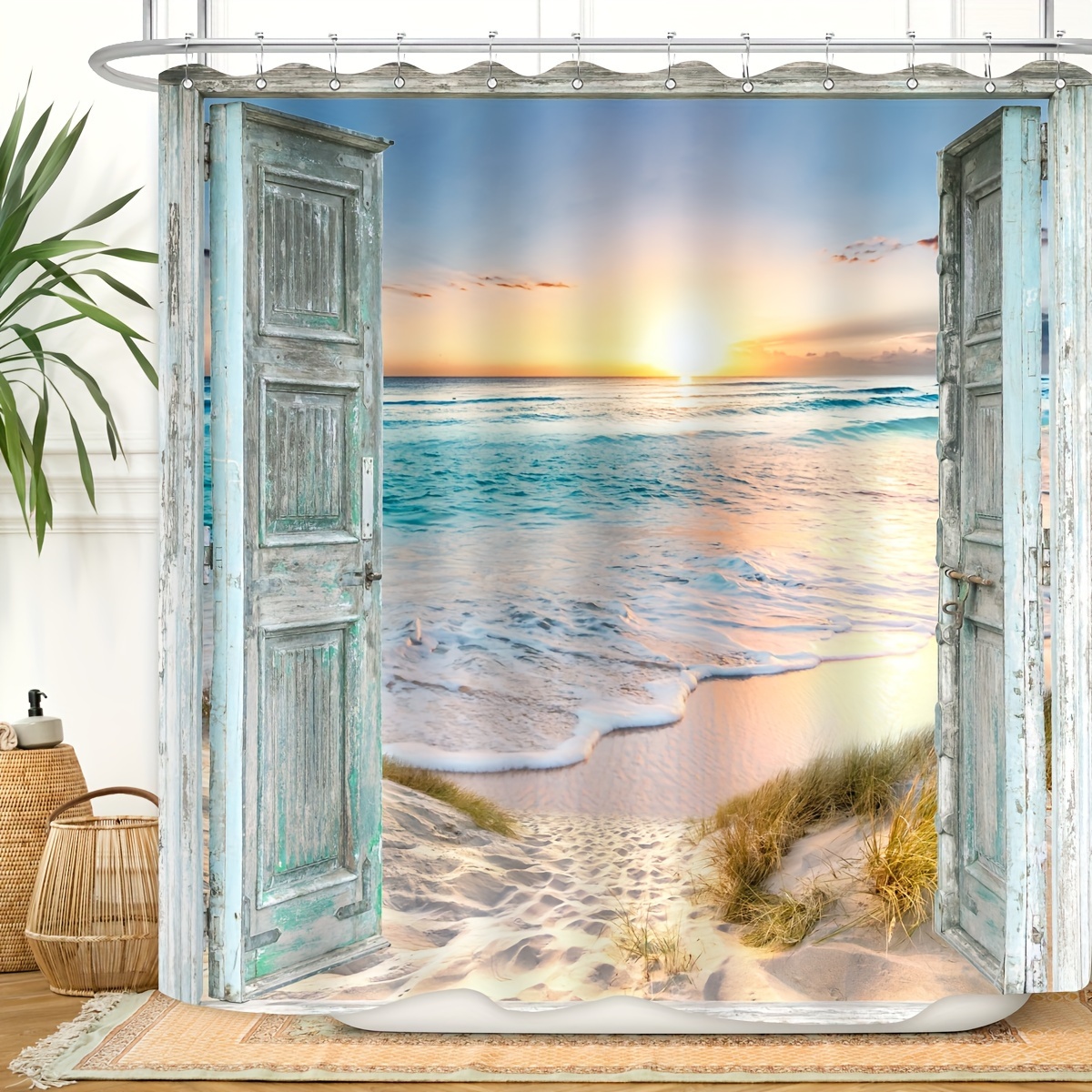 

Beach Coastal Shower Curtain 71lx71w Inch Ocean Sunrise Seaside Nautical Sea Rustic Barn Door Seashore Teal Blue Bathroom Decor Waterproof Fabric With 12pcs Hooks