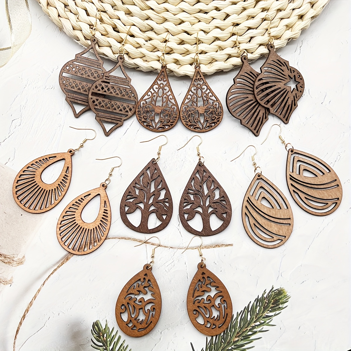 pairs bohemian wooden earrings set vintage boho chic Temu