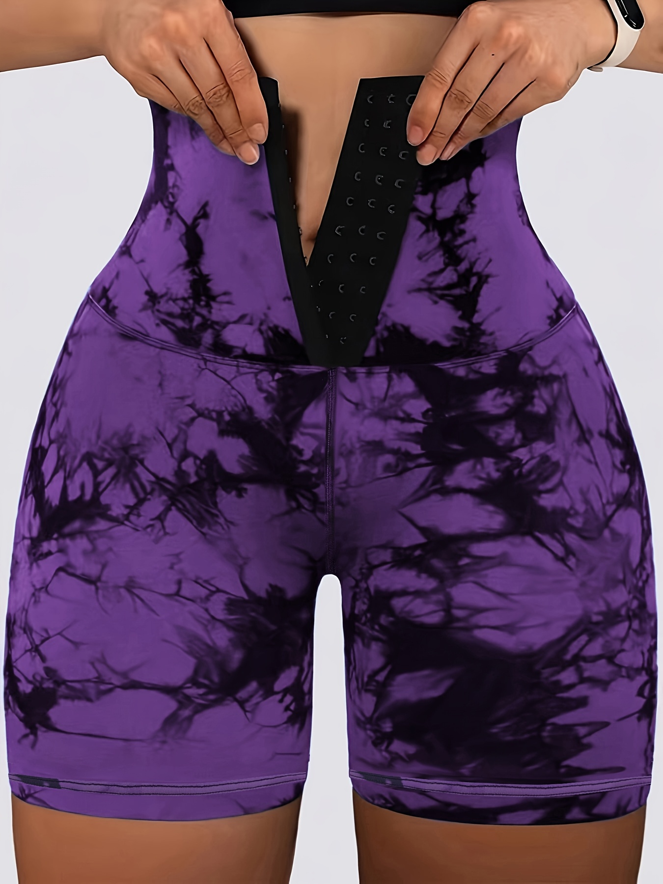 Women's High-Waist Tummy Control Shorts with Double-Breasted Closure, Print Design, Stretchy & Lifting, Blue Marbled Pattern, Front Pockets, Casual Style, Everyday Fashion | Highwaist Leggings | Stretchy Fabric, High Waisted Shorts