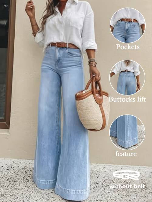 womens stretch denim jeans with wide hem cuffs light blue washed denim pants new arrival styles office and casual fashionable and versatile