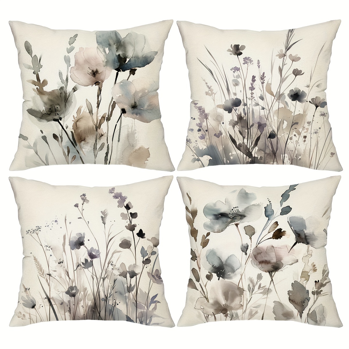 

4pcs, Poppy Flowers Throw Pillow Covers, 18in*18in, Watercolor Chinoiserie Flowers Soft Tones Decorative Cushion Covers, Home Decor For Sofa Bedroom Farmhouse, Set Of 4, Without Pillow Inserts