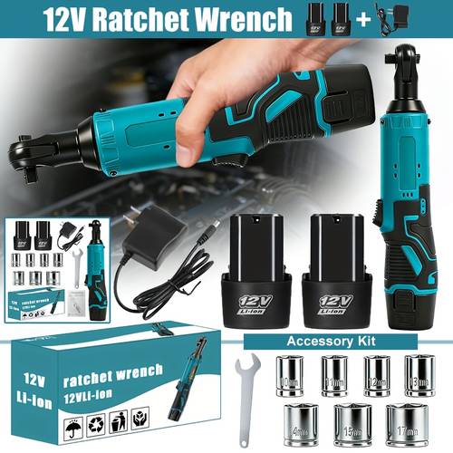 set of cordless electric ratchet wrenches featuring a brushless electric ratchet wrench 12v cordless ratchet tool kit ideal for automotive repairs involving screws and nuts with a battery and quick charger