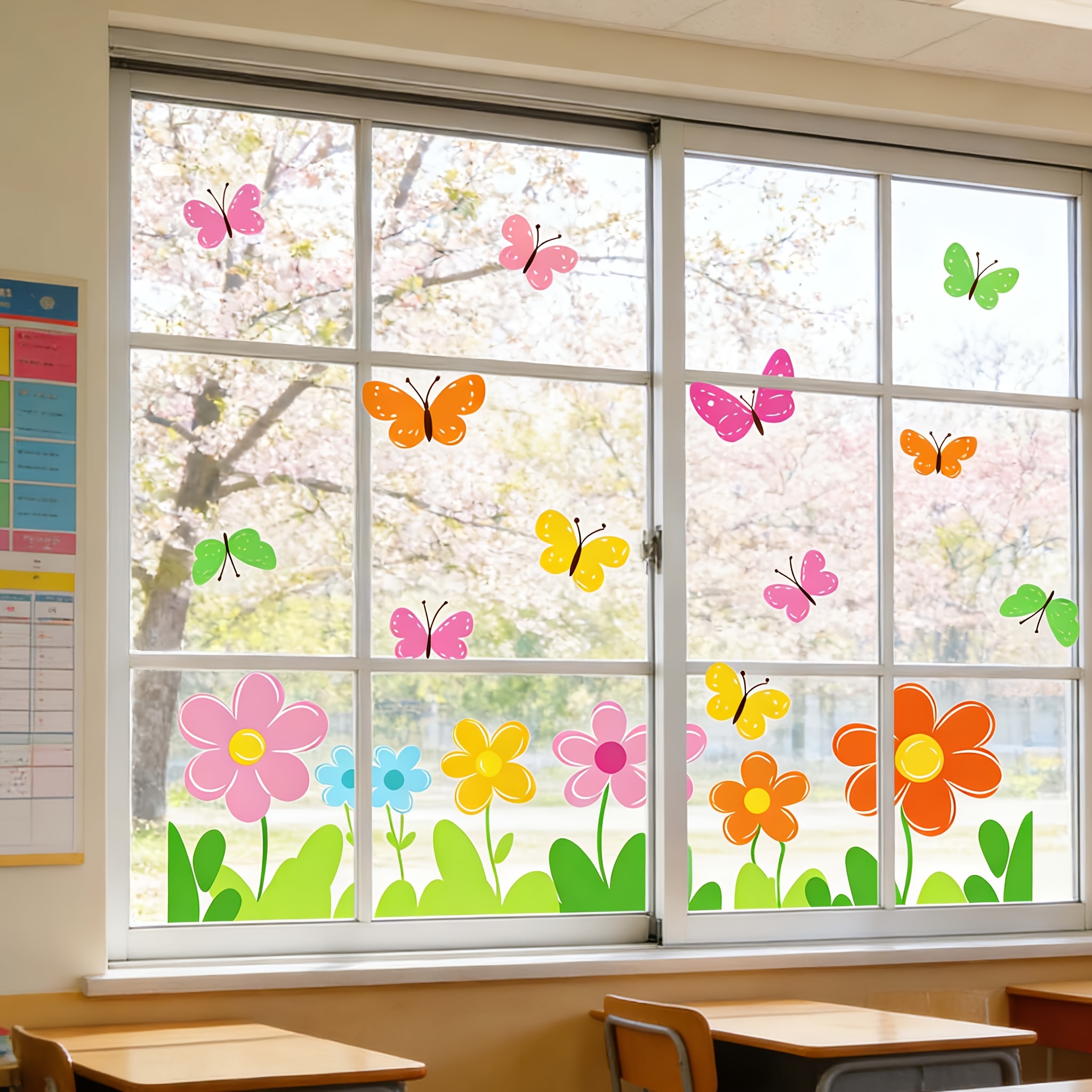 1pc Colorful And Flower Window Sticker - Spring-themed Decal, Self-adhesive Removable Classroom Window Decoration, Vibrant Seasonal School Decor