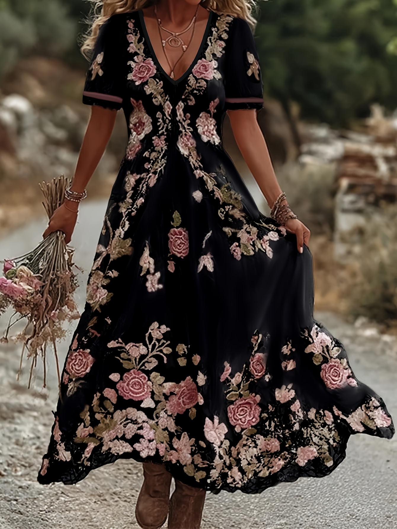 brown embroidered rose dress temu Strapless Long Beaded Prom Dress with Sheer Corset Rose Gold / 4