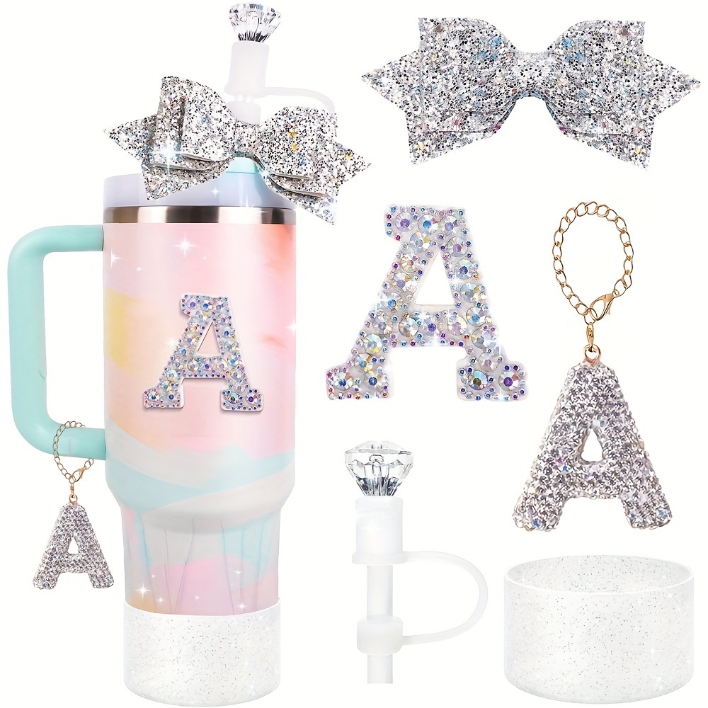 

5pcs Water Bottle Accessories Set For Cup 30oz/40oz, Letter Charms, Diamond Straw Cover, Glitter Silicone Boot, Diamond Letter Sticker, Bow Straw Topper