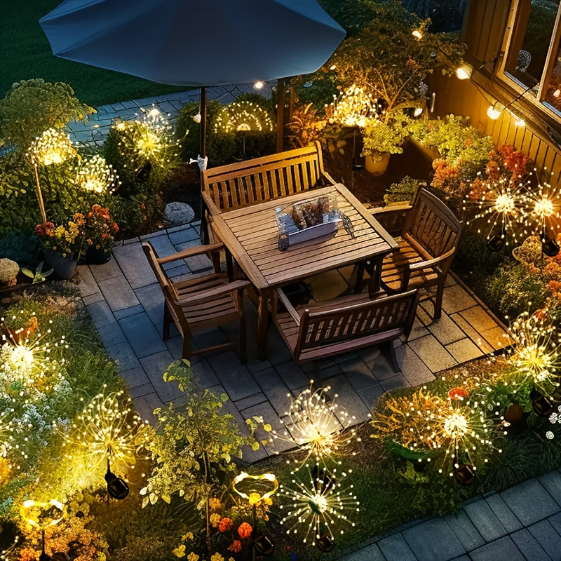 FACHOI 60/200 LED Solar de Exterior con Sensor y Regulable, Fuegos Artificiales Blanco Cálido, Adecuado para Iluminación de Jardín, Patio, Césped, Terraza, Camino, Fácil Instalación, 8 Modos, para Decoración de Villa