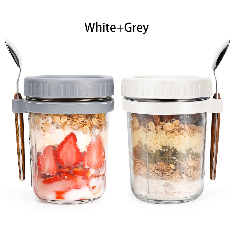 TEMU 1pc/2pcs Glass Oatmeal Cup, Overnight Oats Jar With Lid And Spoon, 16oz Cereal, Milk, Vegetable And Fruit Salad Storage Container With