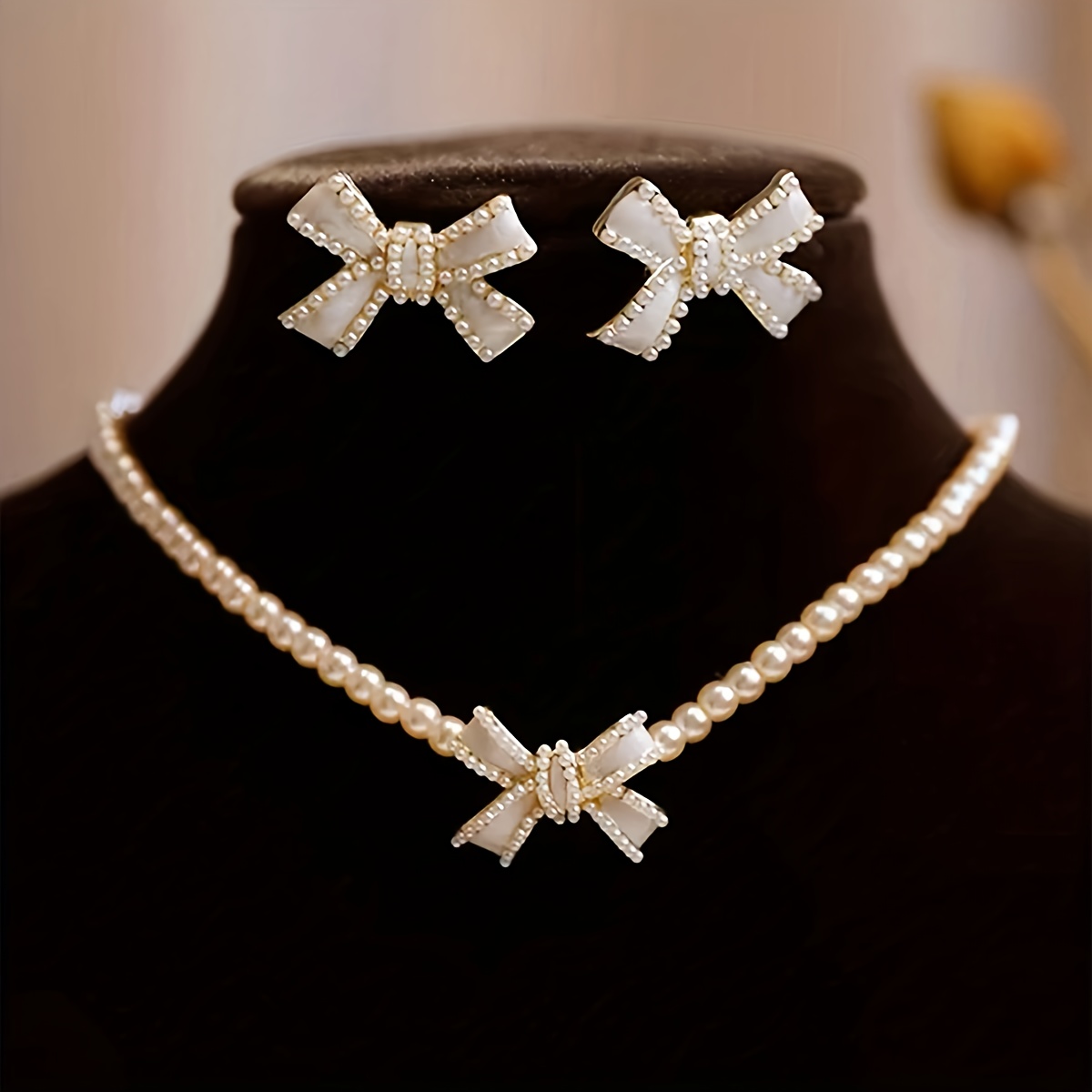 3pcs set luxury simulated pearl bow tie necklace earrings jewelry set niche design suitable for womens daily wear perfect gift for girlfriend
