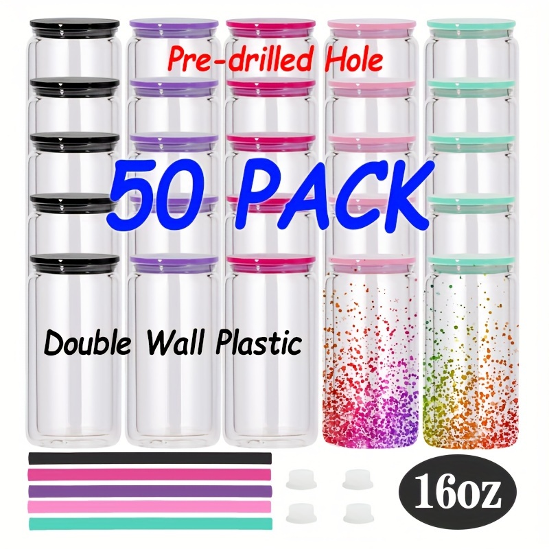 

50 Pack 16 Oz Double Wall Clear Snow Globe Cup Pre Drilled Hole Plastic Can Pre Drilled Hole Water Tumbler With Rubber Stopper And Plastic Straw For Glitter Diy, Uv Dtf Cup Wrap Transfers