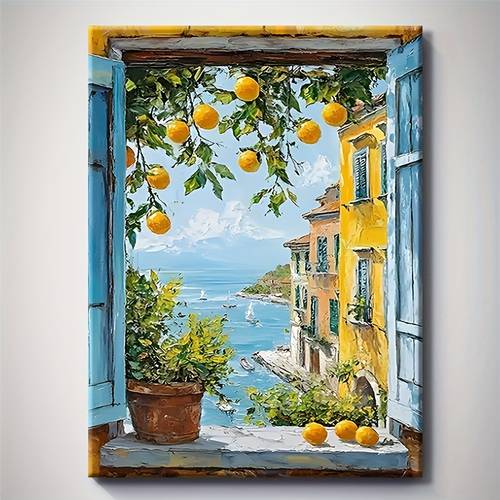 2d flat framed canvas wall art featuring a vintage seaside with vibrant lemons ideal for modern bohemian decor in living rooms or bathrooms with hanging hardware making it a great holiday gift for anyone this scenic artwork i