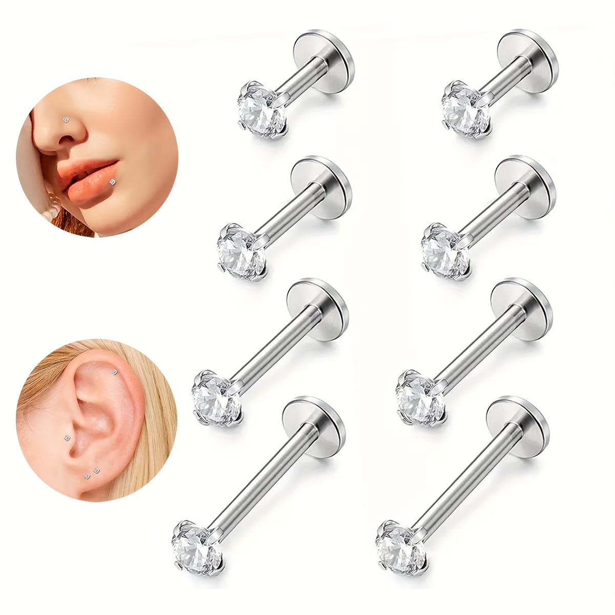 

8pcs Stainless Steel Facial Piercing , Synthetic Cubic Zirconia, Non-magnetic, , For Labret, , Tragus, Monroe, Lip, Nose, , Unisex