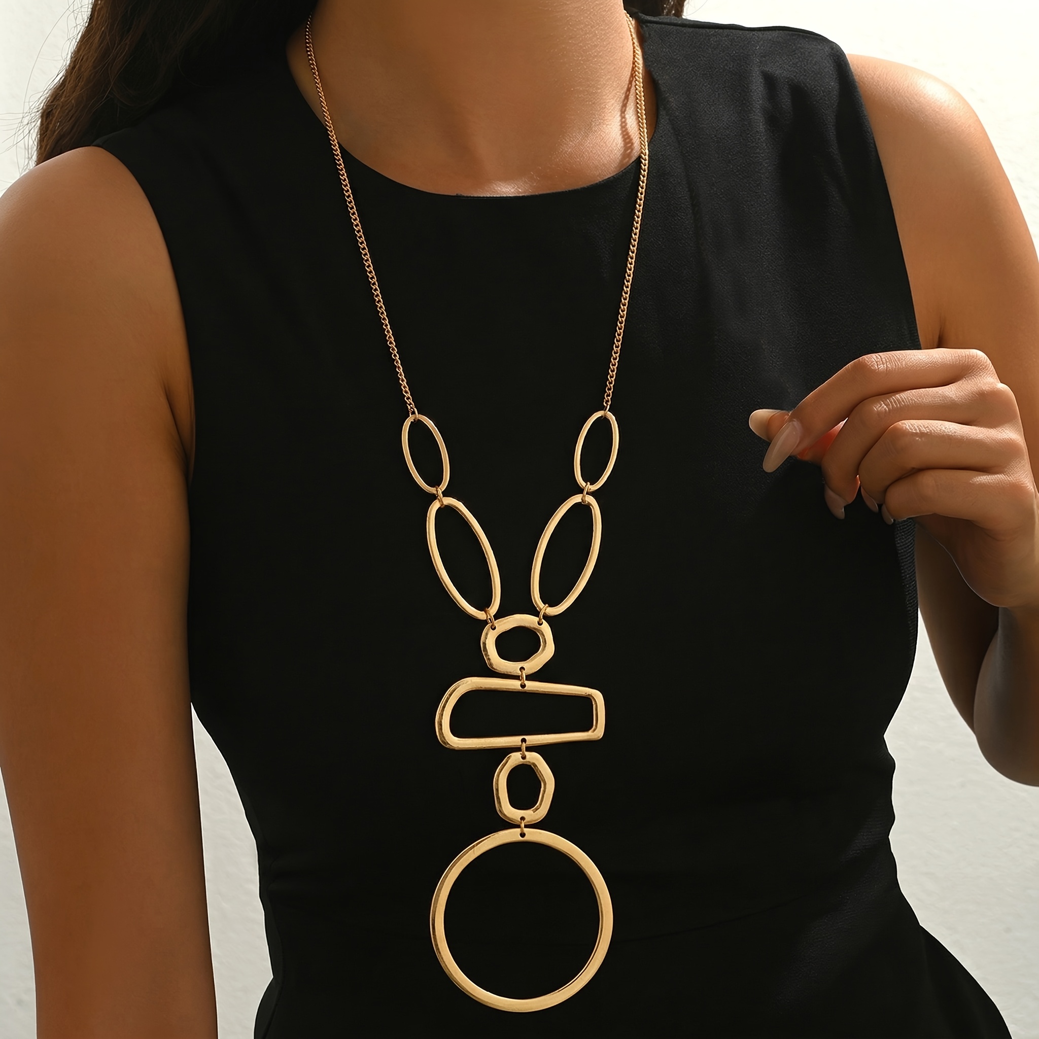 TEMU 1pc European And Minimalist Women's Long Necklace, Fashionable Metallic Look, Geometric Hollow-out Lines, Irregular Shape Layered Design, Long