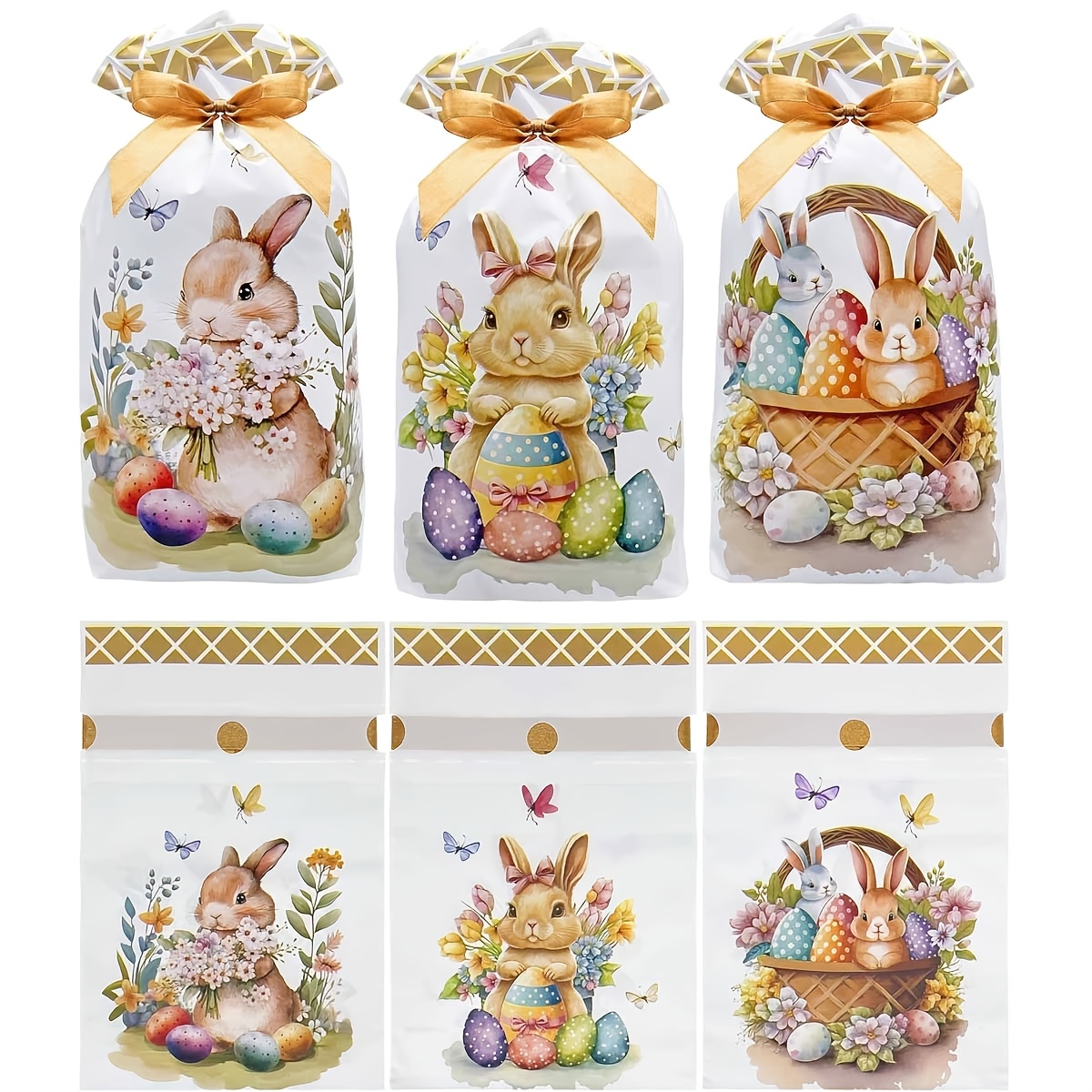 

50pcs Easter Bunny Bags, Cartoon Rabbit Design Plastic Drawstring Candy Bags, Party Favor Treat Bags For Easter & Thanksgiving, Anniversary & Gifting