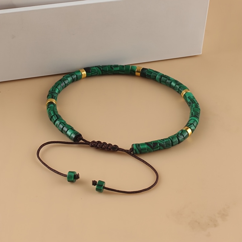 Bohemian Malachite Bead Bracelet 2x4 Green & Golden Adjustable Cord