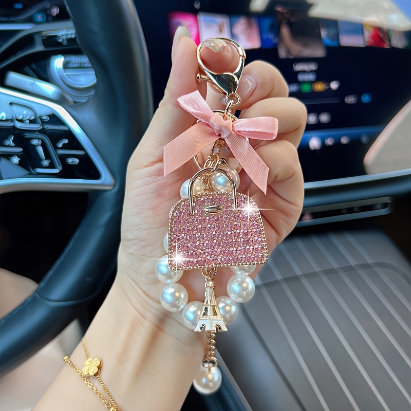TEMU Fashionable Bow Beaded Bag Model Car Keychain Creative Handbag Pendant Key Chain