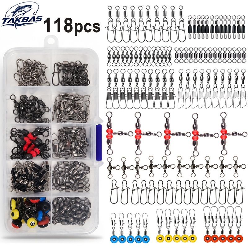 TEMU Takbas 118pcs Fishing Tackle Additions Kit With Storage Box, Fishing Swivels And Snap, Swivels, Connectors, 3-way Triple Swivels, Slide Cross