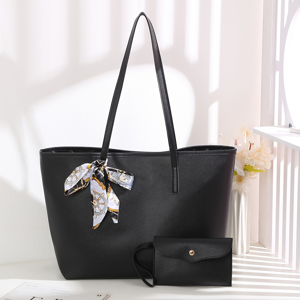 TEMU 2pcs Set Of Stylish And Simple Women's Tote Bags, Featuring A Magnetic Closure, Dual-, And Bow Decoration, Suitable For Travel And College