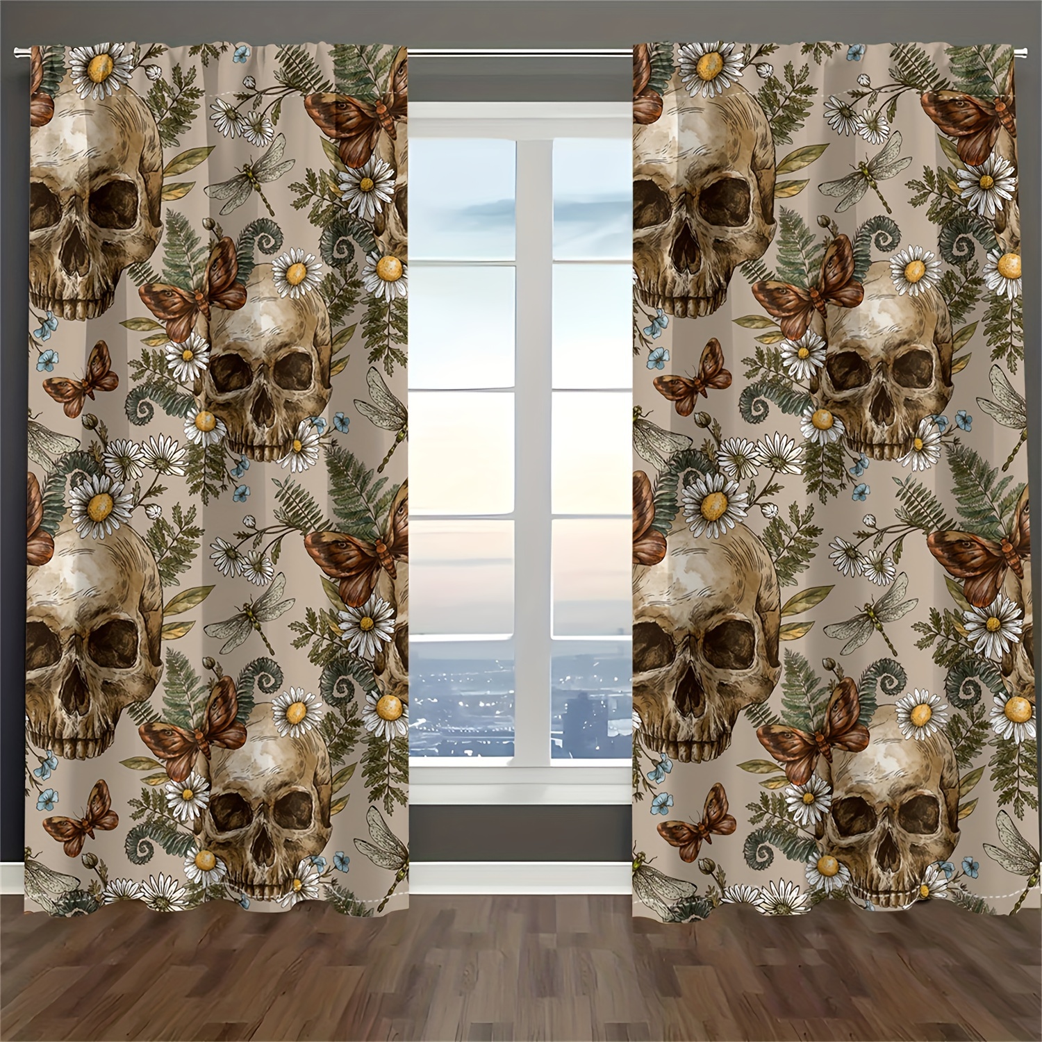 2pcs halloween skull butterfly chrysanthemum curtains semi transparent privacy protecting drapes for living room and bedroom decor details 2