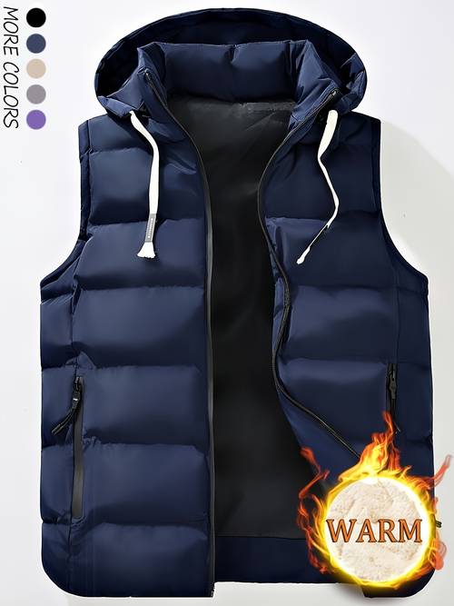 mens warm hooded vest jacket with zipper pockets soft and comfortable new autumn winter plush lined thickened style outer wear for winter core body warm suitable for casual travel and sports scenes