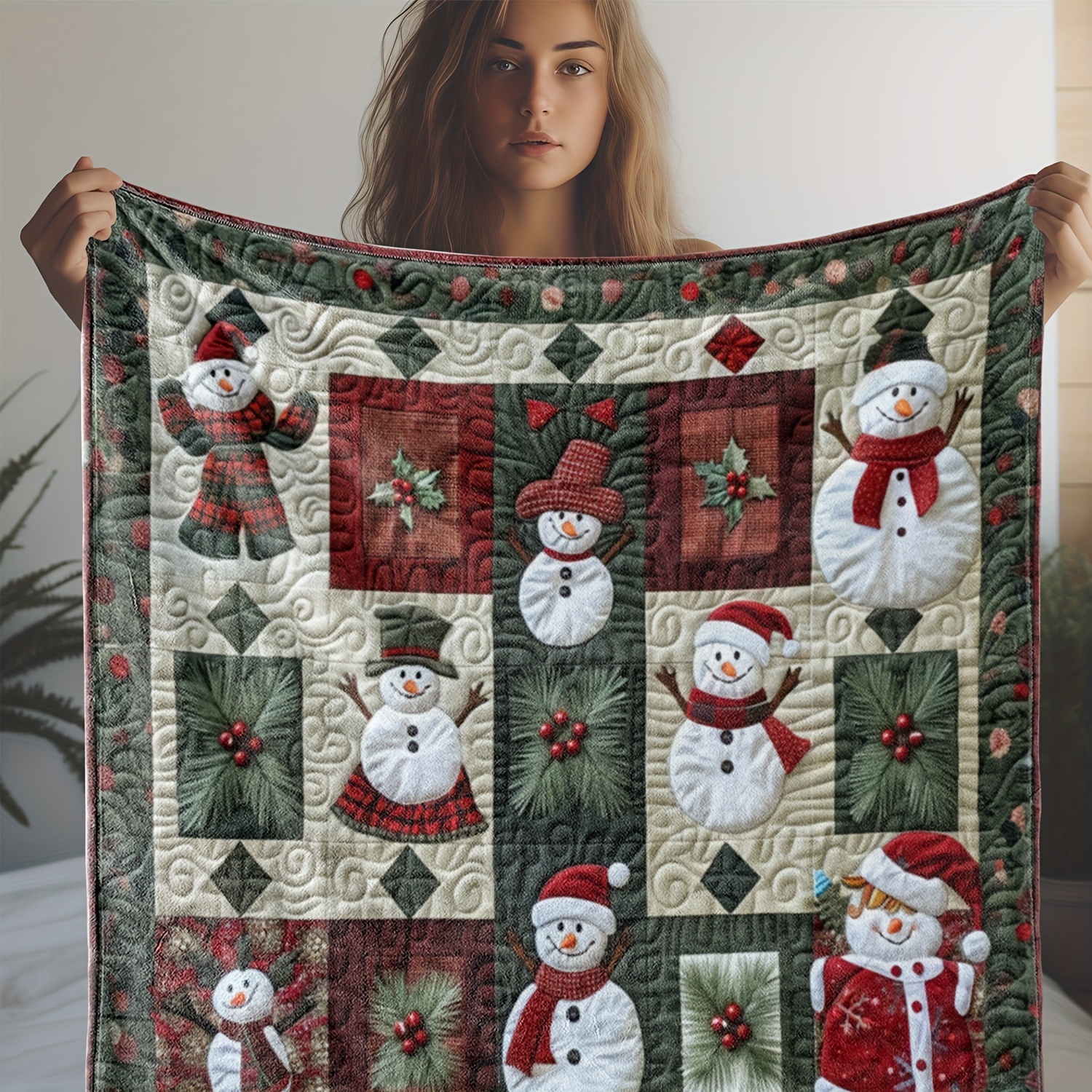 

Cozy Vintage Holly & Snowman Flannel Throw Blanket - Soft, Warm, And For Couch, Bed, Car, Office, Camping - Perfect Gift