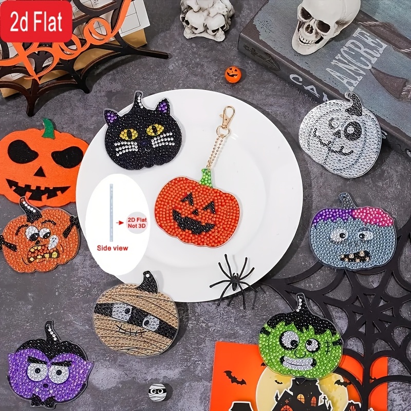 Image of 8pcs Diy Deluxe Round Acrylic 5d Keychain Kit - Handmade Mosaic Painting, Spring Halloween Design, Easy-to-assemble For Beginners, Festival-themed Accessory