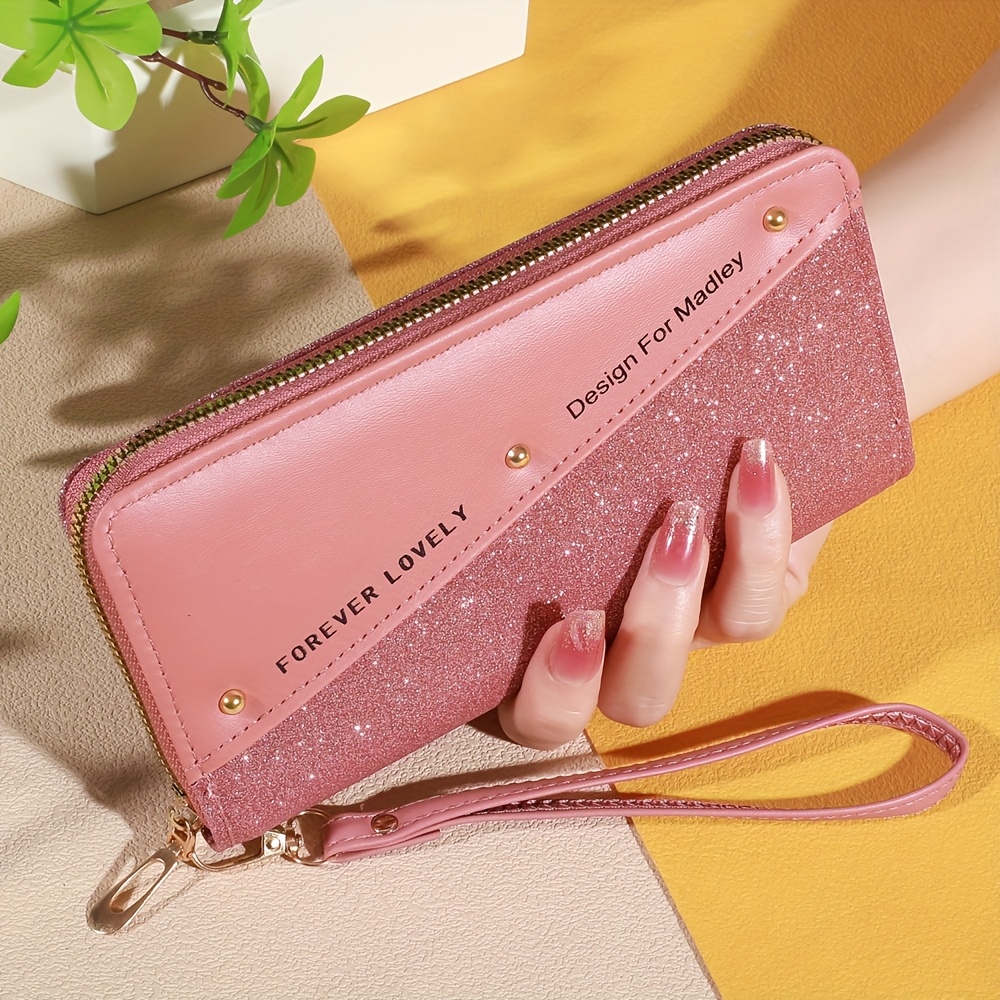 

Chic Colorblock Long Wallet With Glitter Accent, Women's Clutch With Wrist Strap & Multi-card Slots - Leather