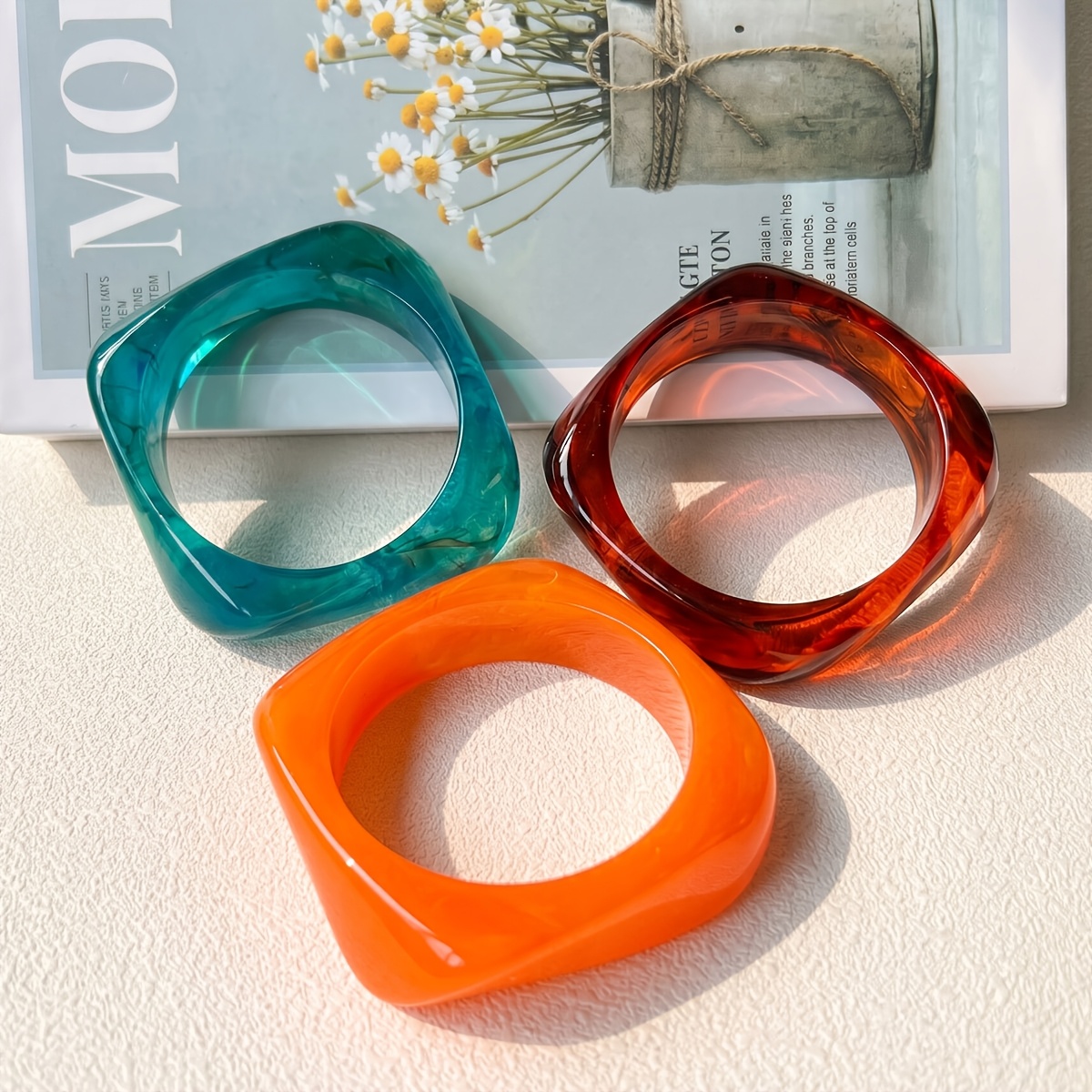 TEMU Parure de bracelets pour femme en résine délavée, carrés géométriques irréguliers, accessoire décoratif polyvalent au design