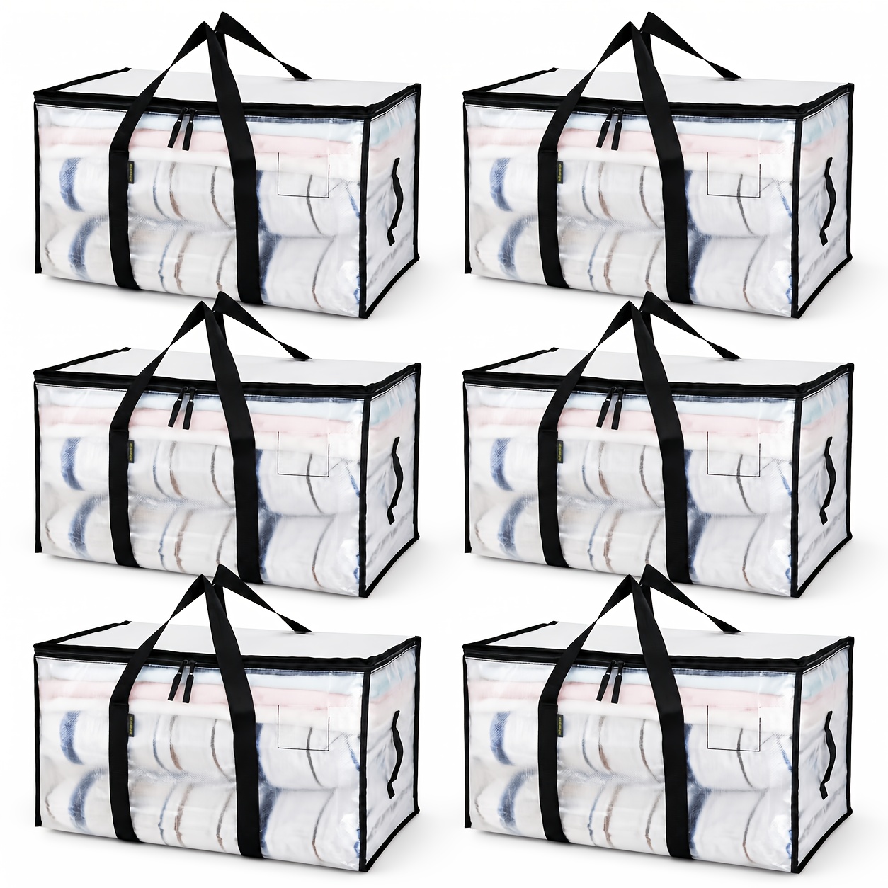 6-Pack Heavy-Duty Oversized Moving Bags with Reinforced Handles, Snap-Close Buckle Lids, Plastic Storage Totes for Clothes and Quilts