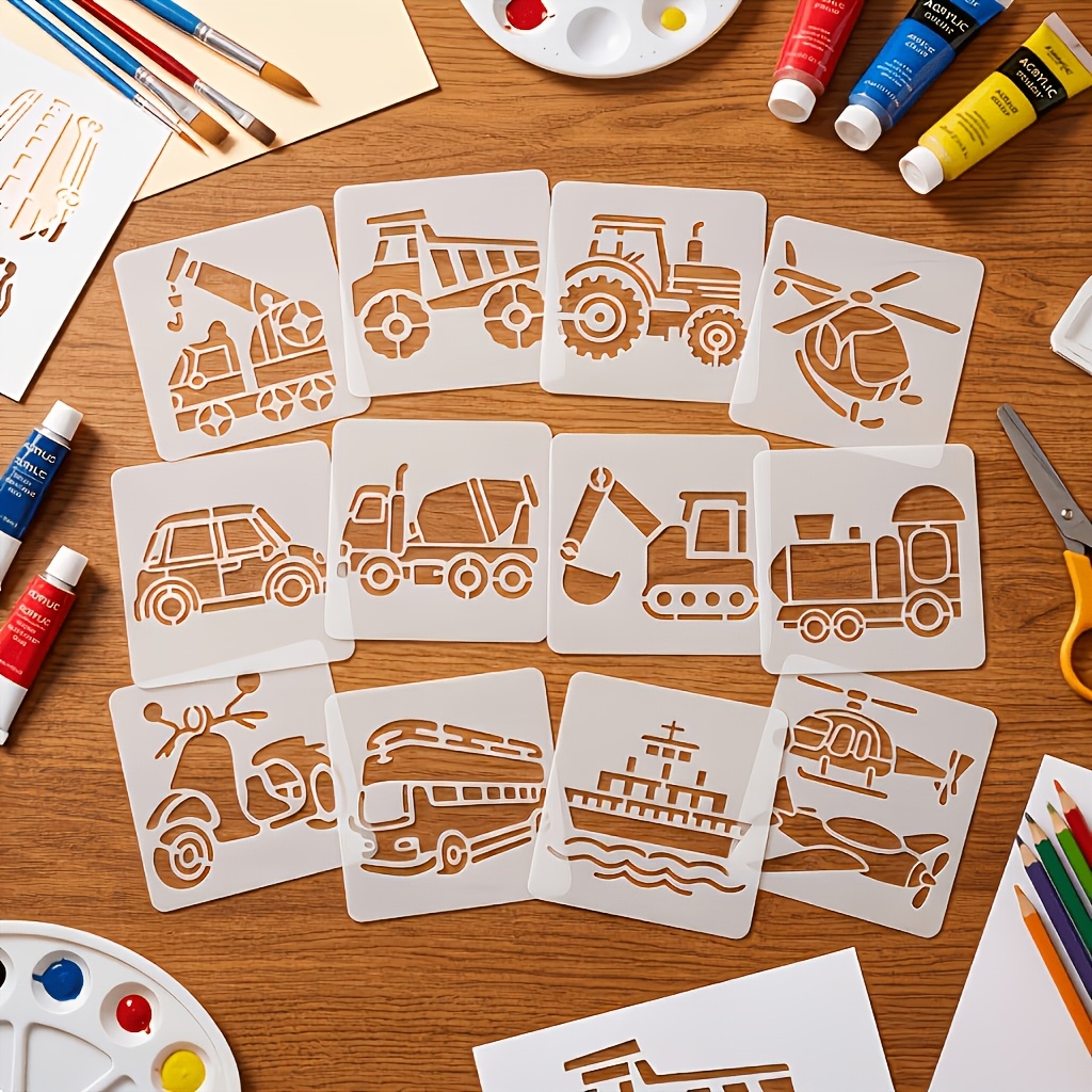 TEMU Set da 12 stencil per veicoli da adatti per legno, tessuto e carta - Modelli traforati di macchinari pesanti con motivi di escavatore, trattore,