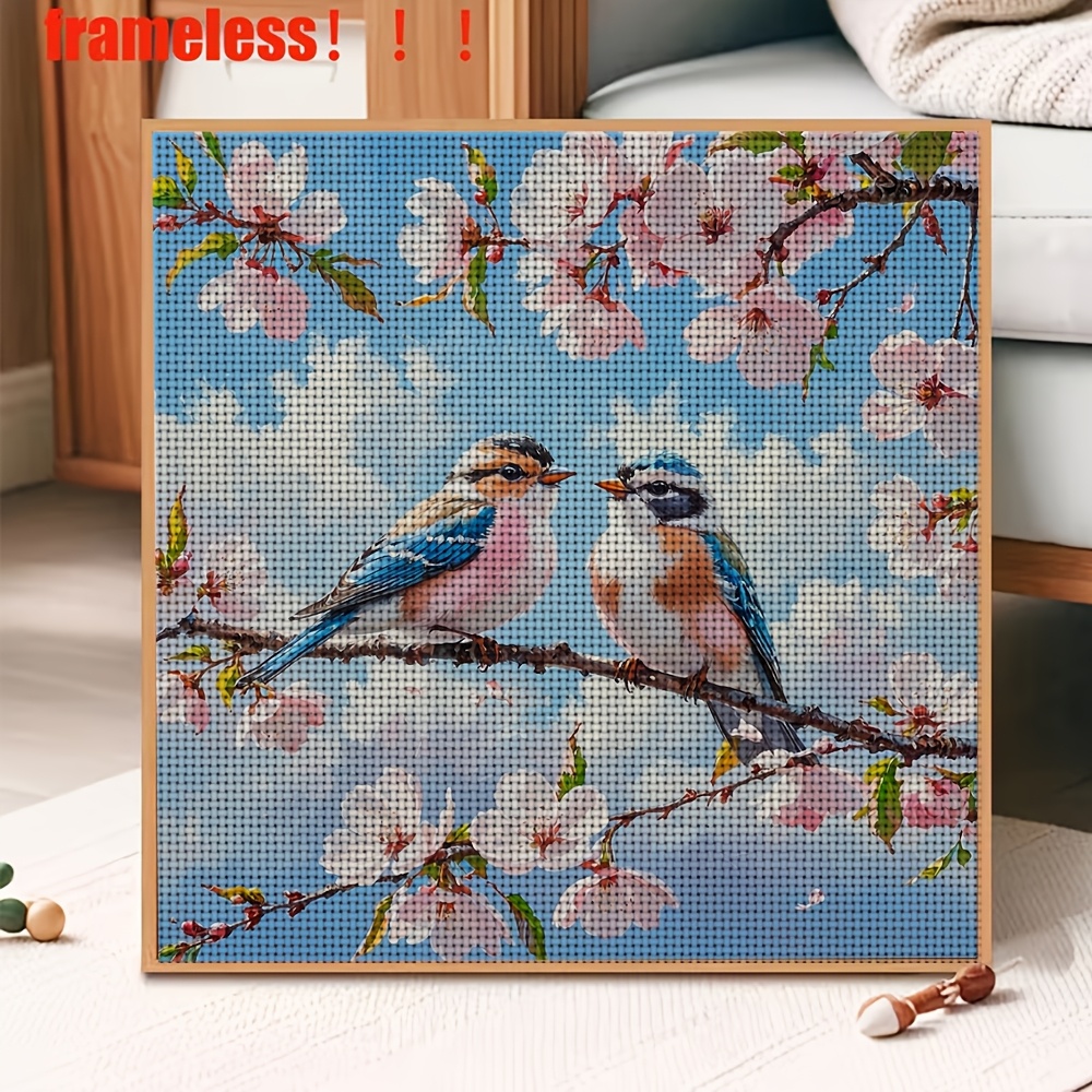 DIY Cross-Stitch Printed Kit with Two Birds on Pink Flower Branch