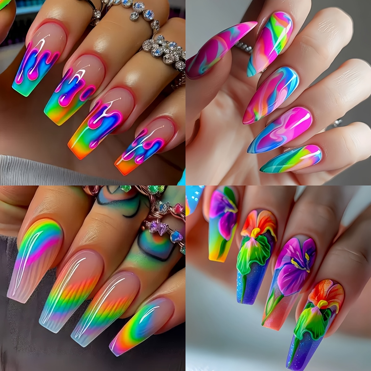 TEMU 96pcs Almond-shaped Combination Watercolor Series Fantasy 4pcs Set Press-on Mysterious Aesthetic Fashionable Removable