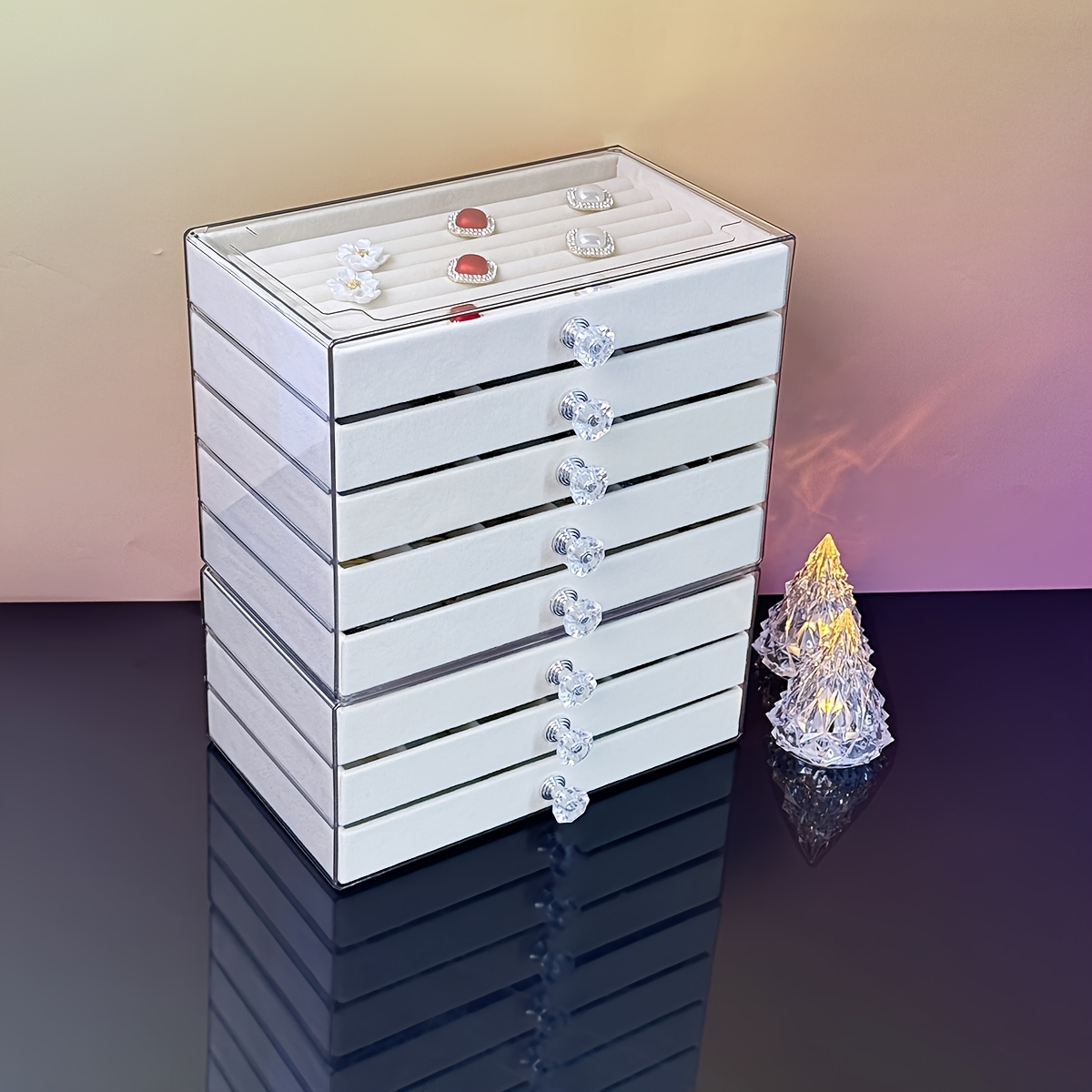 5 tier jewelry organizer box with transparent lids soft fabric lined compartments beige contemporary desktop storage for rings bracelets necklaces durable plastic multi use display case jewelry organizer storage polished   clear lid design jewelry boxes Product details 6