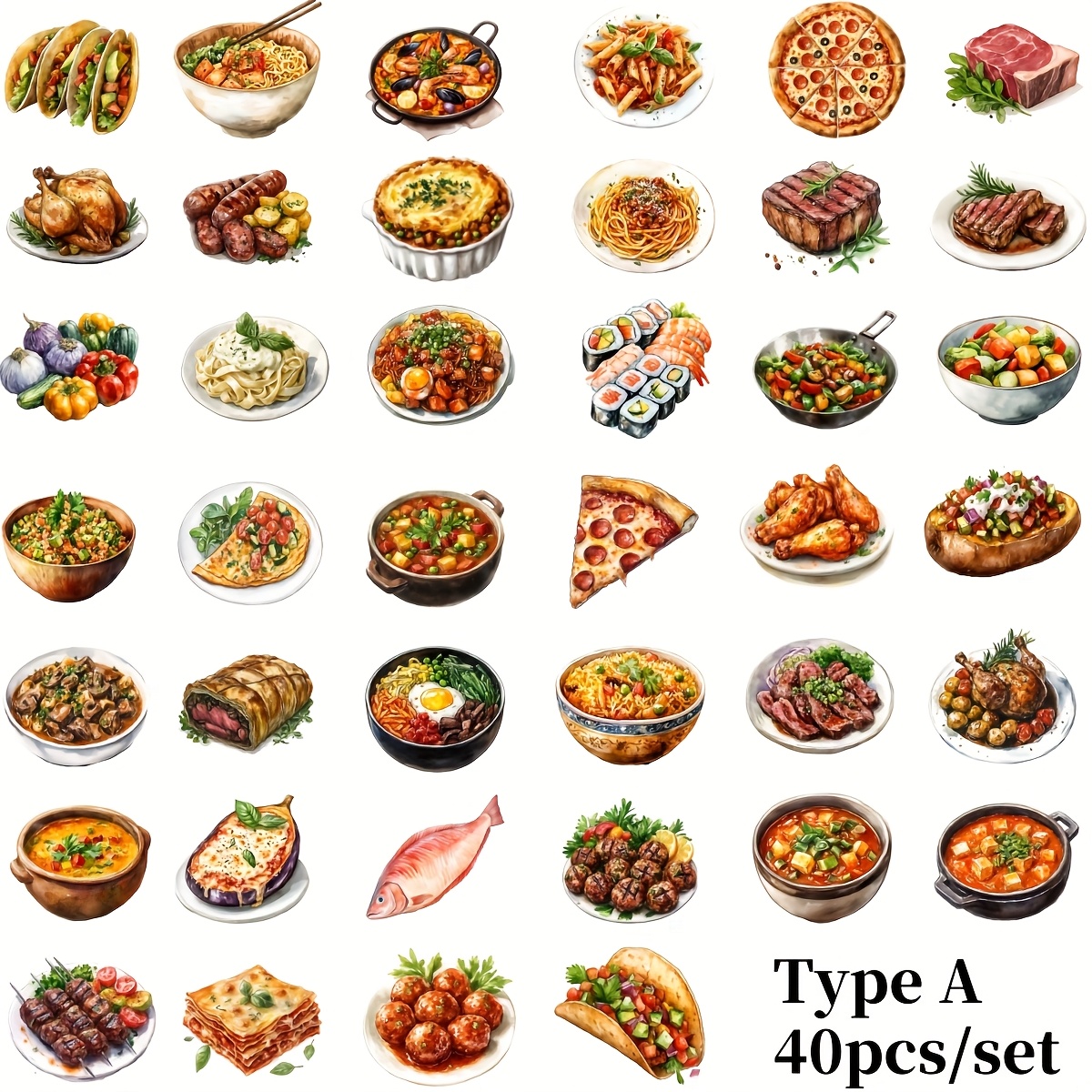 Image of A Set Of 40 Handmade Creative Vintage Food Stickers Featuring Pizza, Pancakes, And Meat, And Suitable For Decorating Junk Journals, Notebooks, Scrapbooks, And Planners