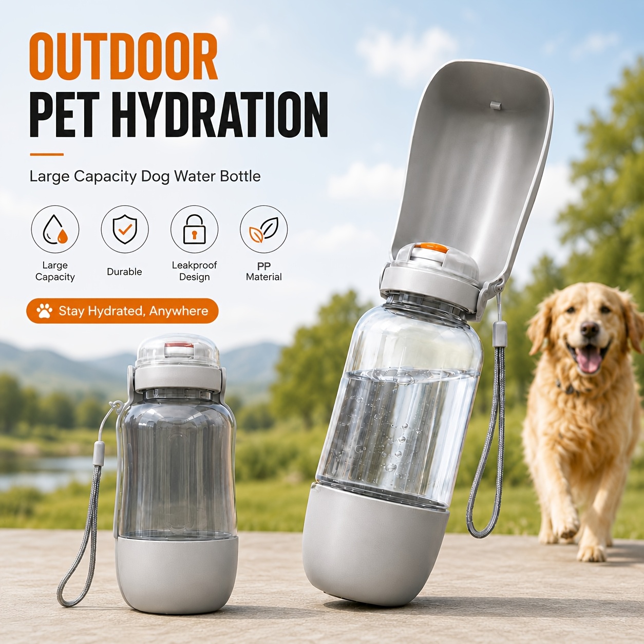 dual purpose 520ml water 150ml food portable dog water bottle leak proof pet travel water bottle with food bowl collapsible   dispenser essential for outdoor travel dog water bottle Product details 0