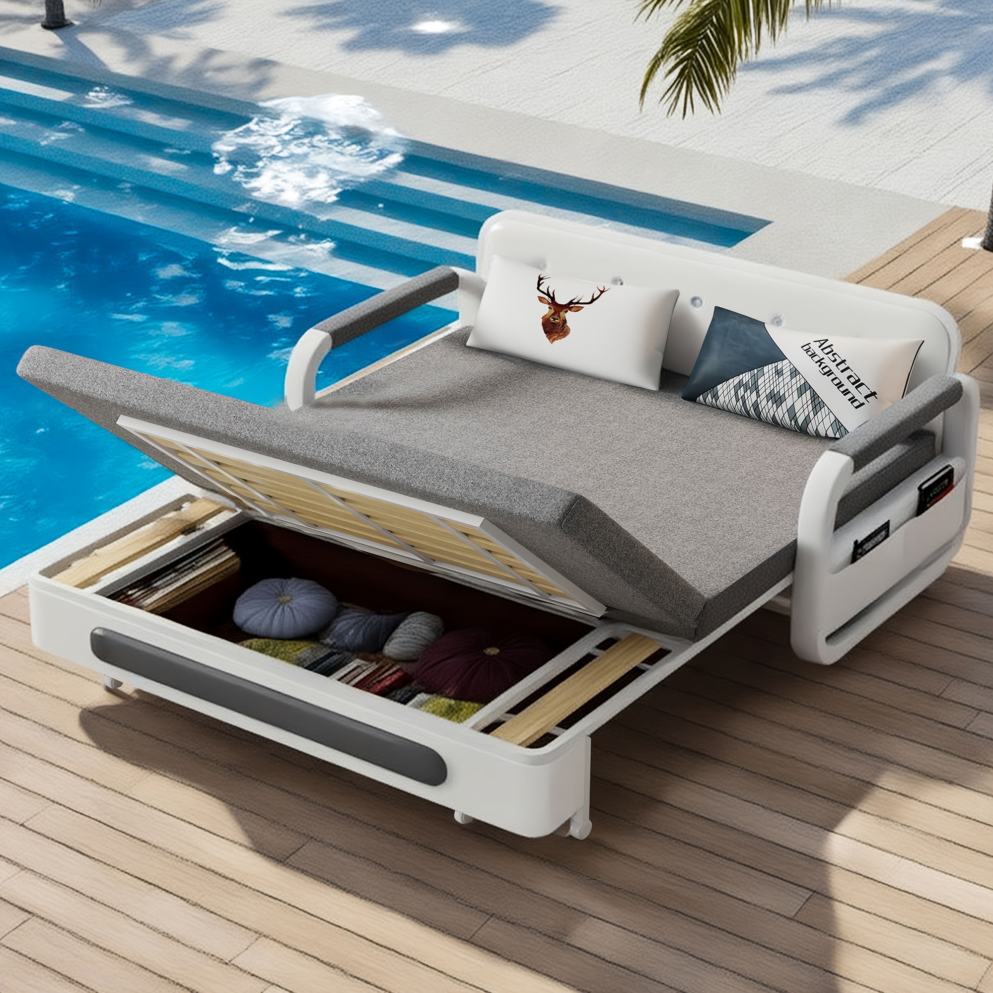 Modern Three-in-one Extendable Sofa Bed, Equipped With 2 Throw Pillows And A Solid - Wood Storage Box, Suitable For Patios And Living Rooms