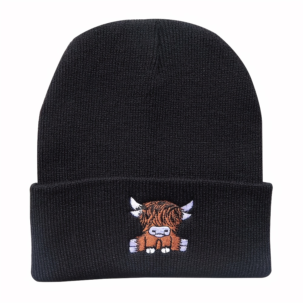 

Embroidered Highland Cow Cartoon Beanie - Unisex Knit Hat For Outdoor Sports & Casual Wear, Hand Wash/, Acrylic & Polyester , Fits All - For Thanksgiving & Christmas