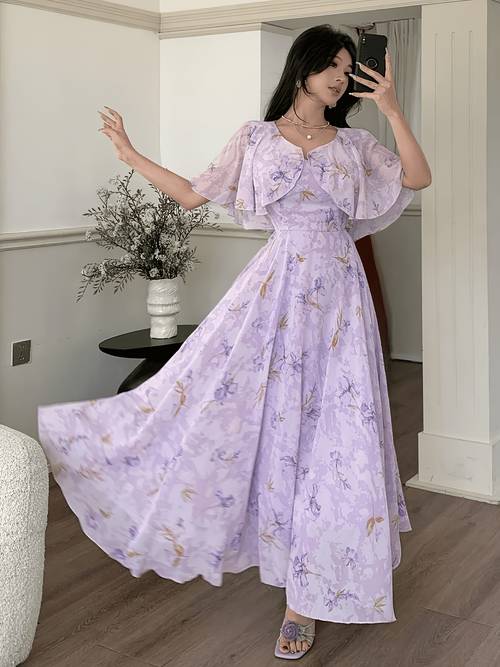 gespecialiseerde ontwikkeling elegante dames v-hals mantel design bloemenprint chiffon taille uitlopende rok bruidsmeisjesjurk