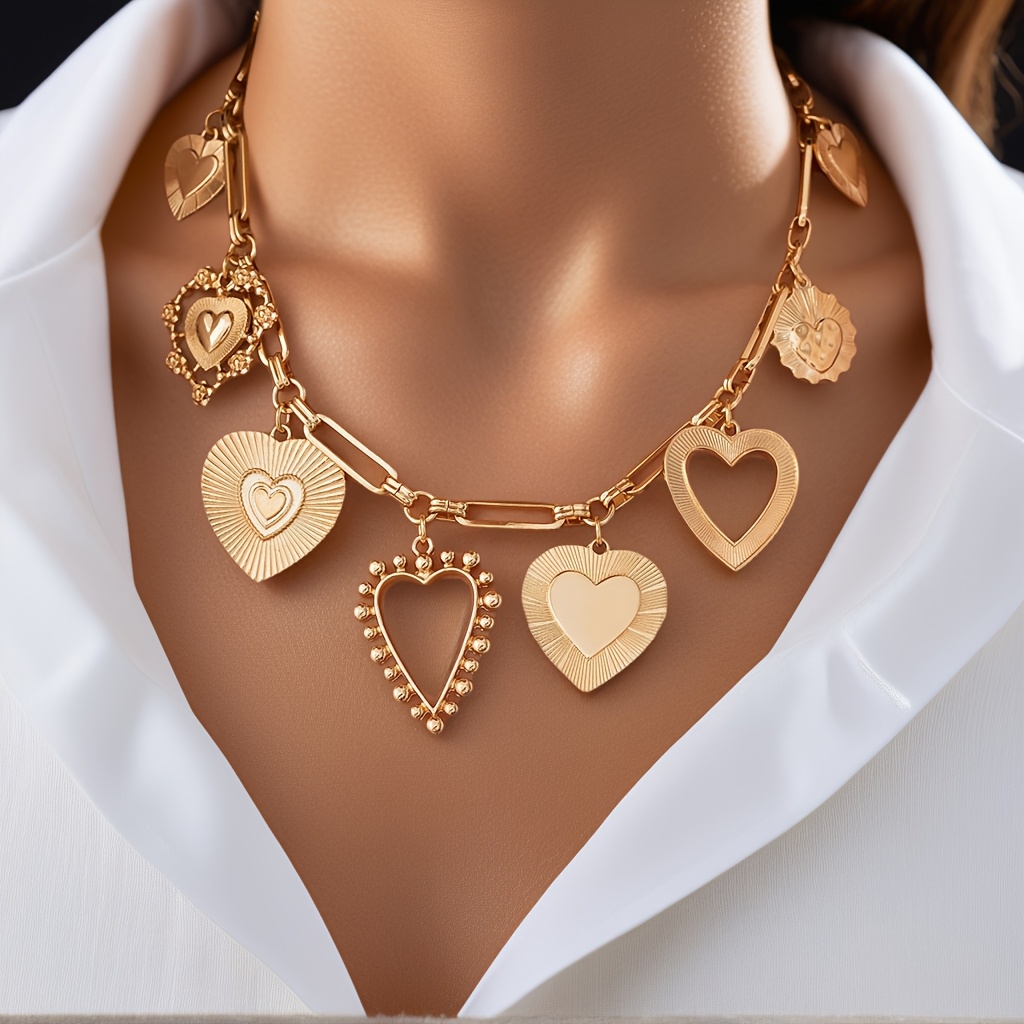 TEMU 1pc Multi-element Heart-shaped Tassel Pendant Necklace, Vintage Fashion Women's Charm Necklace, Adjustable Length Heavy Jewelry, Suitable As A