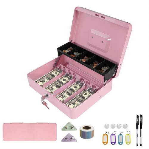 large cash box with money tray and lock with 6 kinds accessories large for storage box metal locking cash box