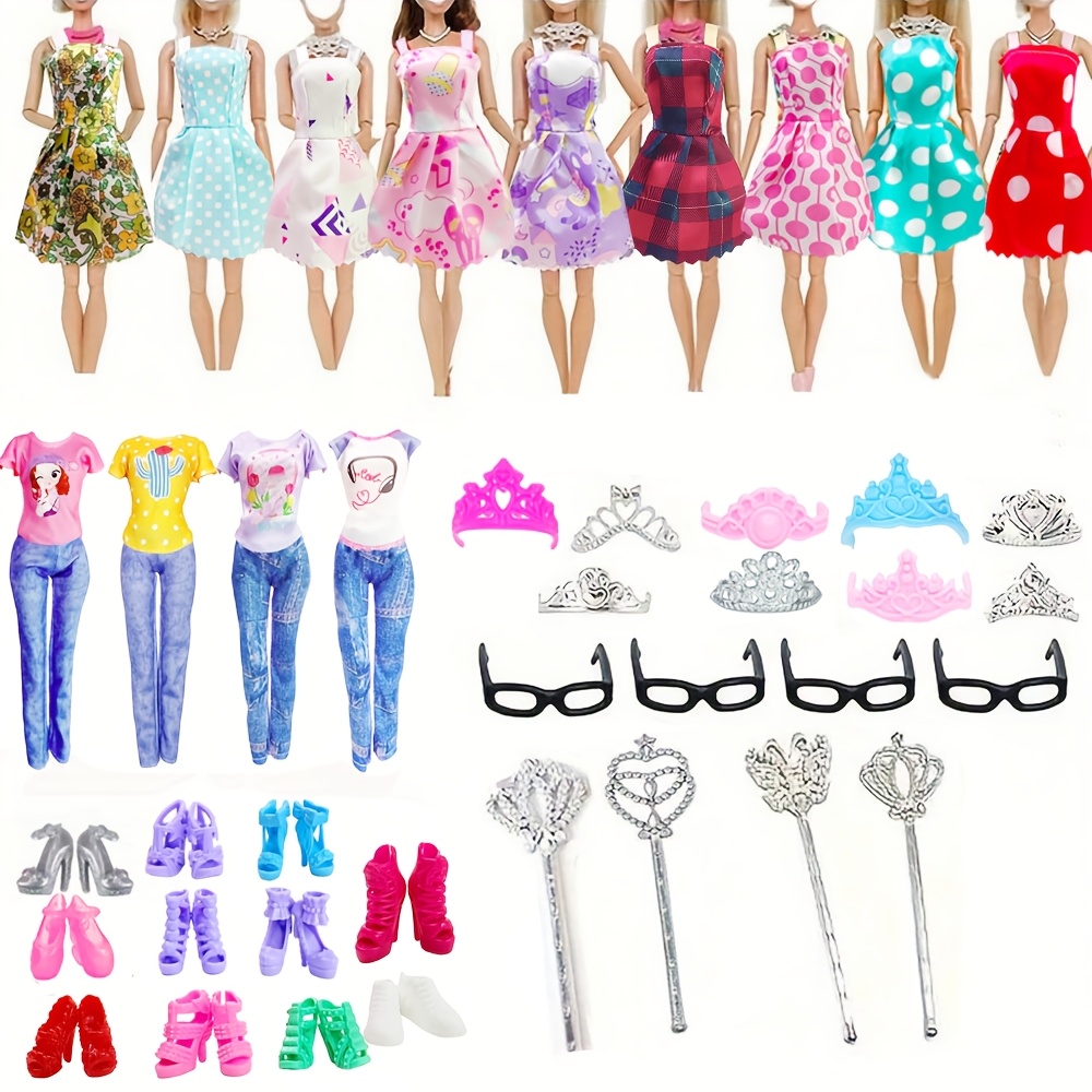 Yadiyadi-38pcs Clothing Jewelry Set, Including 5 Outfits, , 1 Pants, 20 Shoes, , 4 Glasses, And 2 , Suitable For 11.8 Inch Dolls - Enjoy Dressing Up, Holiday Gift (clothing Patterns Are Random)