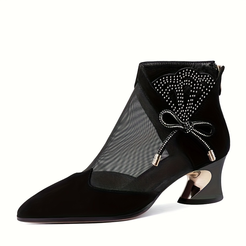 Image of European And Chunky Heel Fashion High Heels, Hollow Mesh Pointed-toe High-heeled Ankle Boots With Rhinestones, Suitable For Women , Summer And Autumn, Women Shoes Elegant Women Shoes Shoes