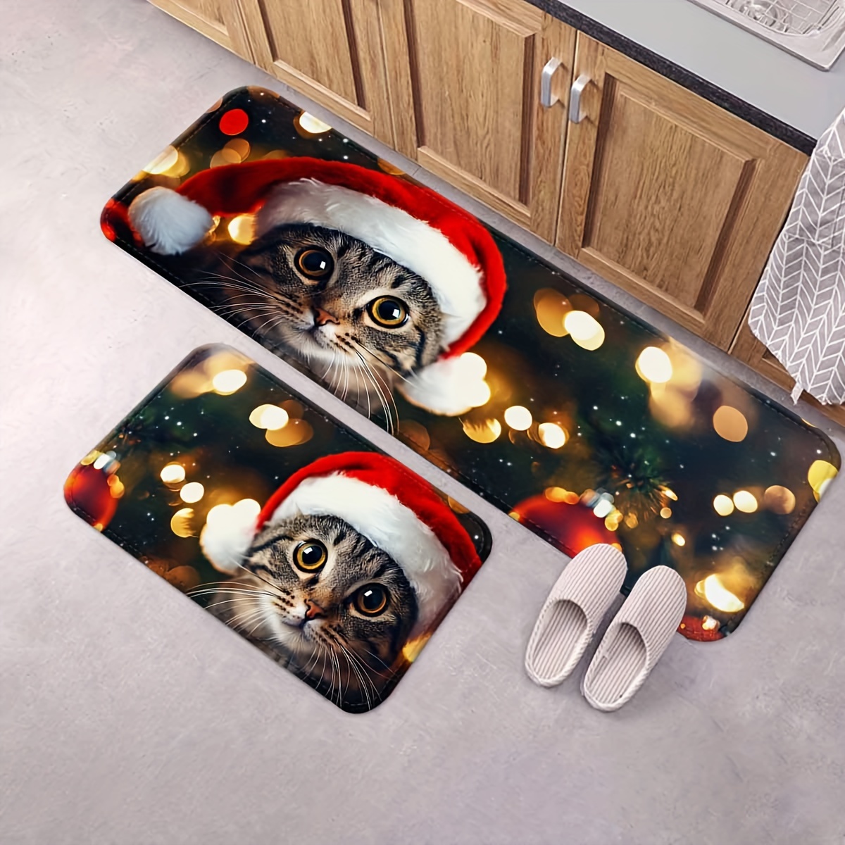 

Christmas Theme Cat In Santa Hat Non-slip Kitchen Rugs Set - Machine Washable, Knit Polyester, Rectangle, Holiday Decor Mats