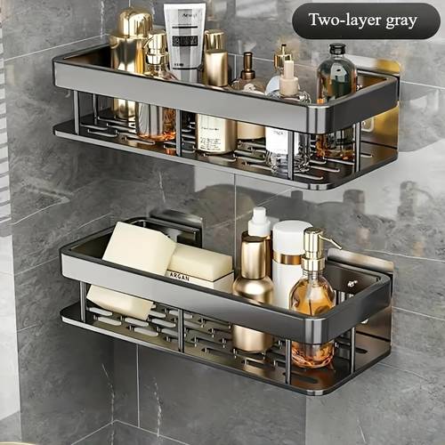 2pcs double layer rust proof polished metal shower hanging basket wall mounted bathroom storage rack polished rust proof surface no drilling required shampoo and conditioner holder space saving rectangular design shower organization