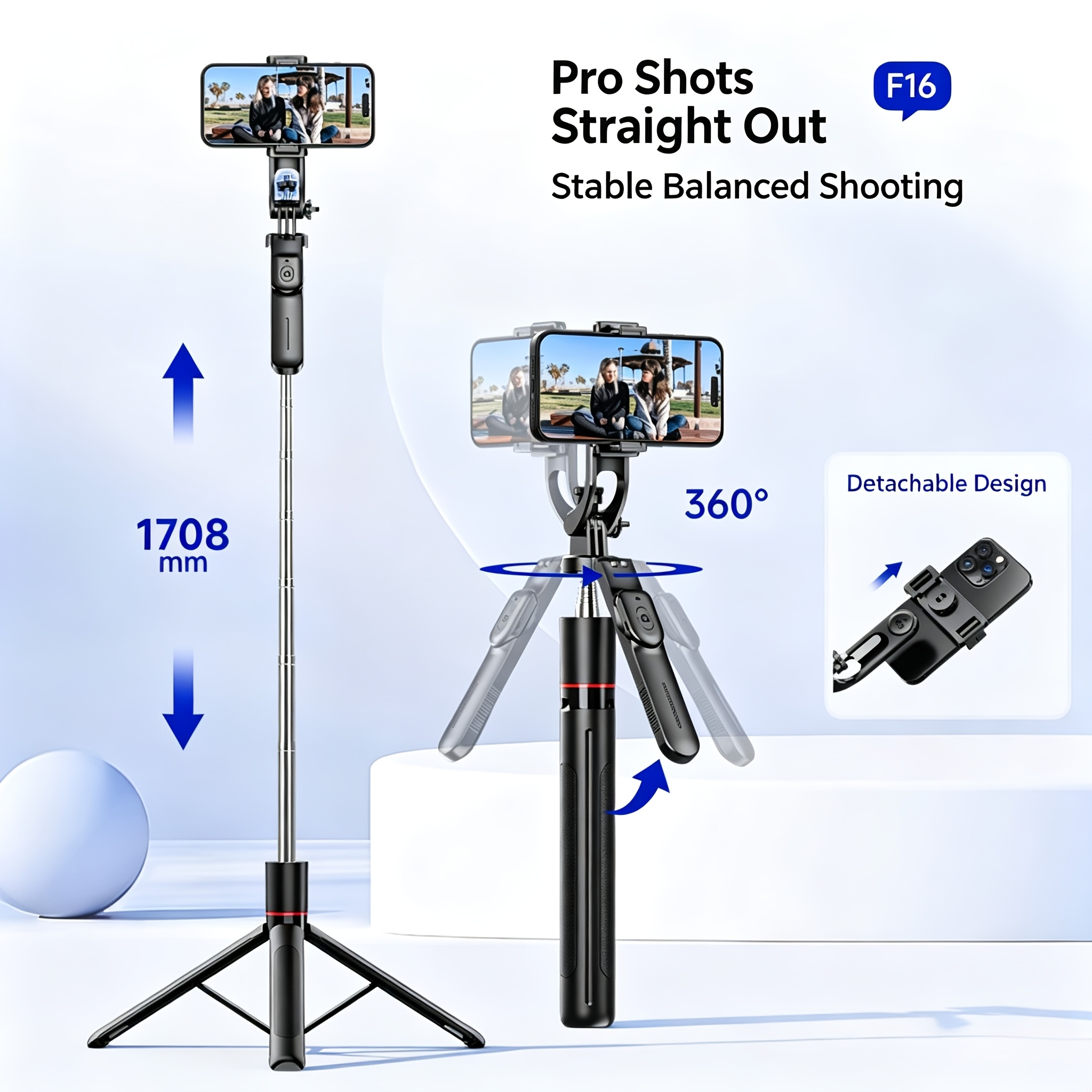 item picture 67 inch alloy wireless selfie stick tripod   one foldable handheld tabletop floor stand with stabilizing   rotating phone mount and wireless remote compatible with cameras smartphones suitable for   travel live streaming