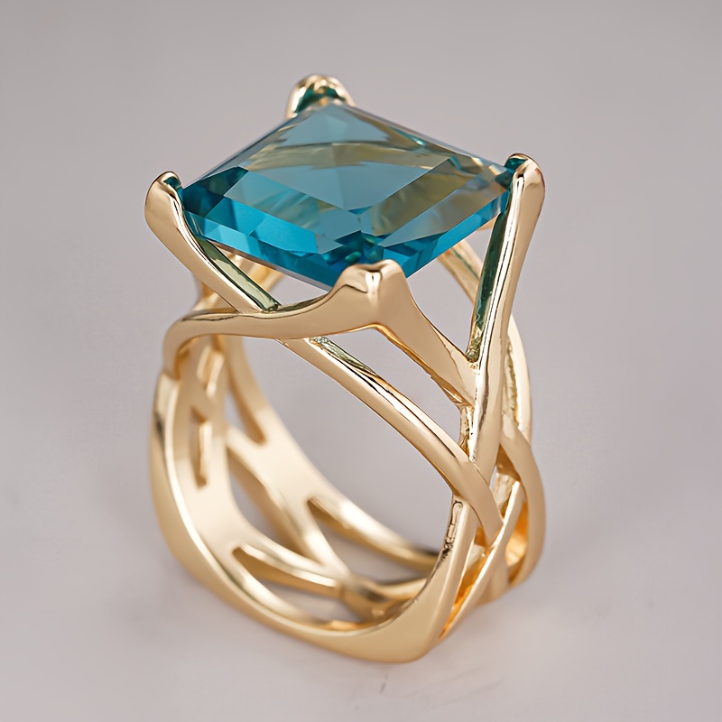 TEMU Anillos de Lujo Incrustaciones de Zirconia Sintética Azul de 4 para Mujeres, Anillos de Boda, Joyería para Banquetes, Anillo de Aniversario,