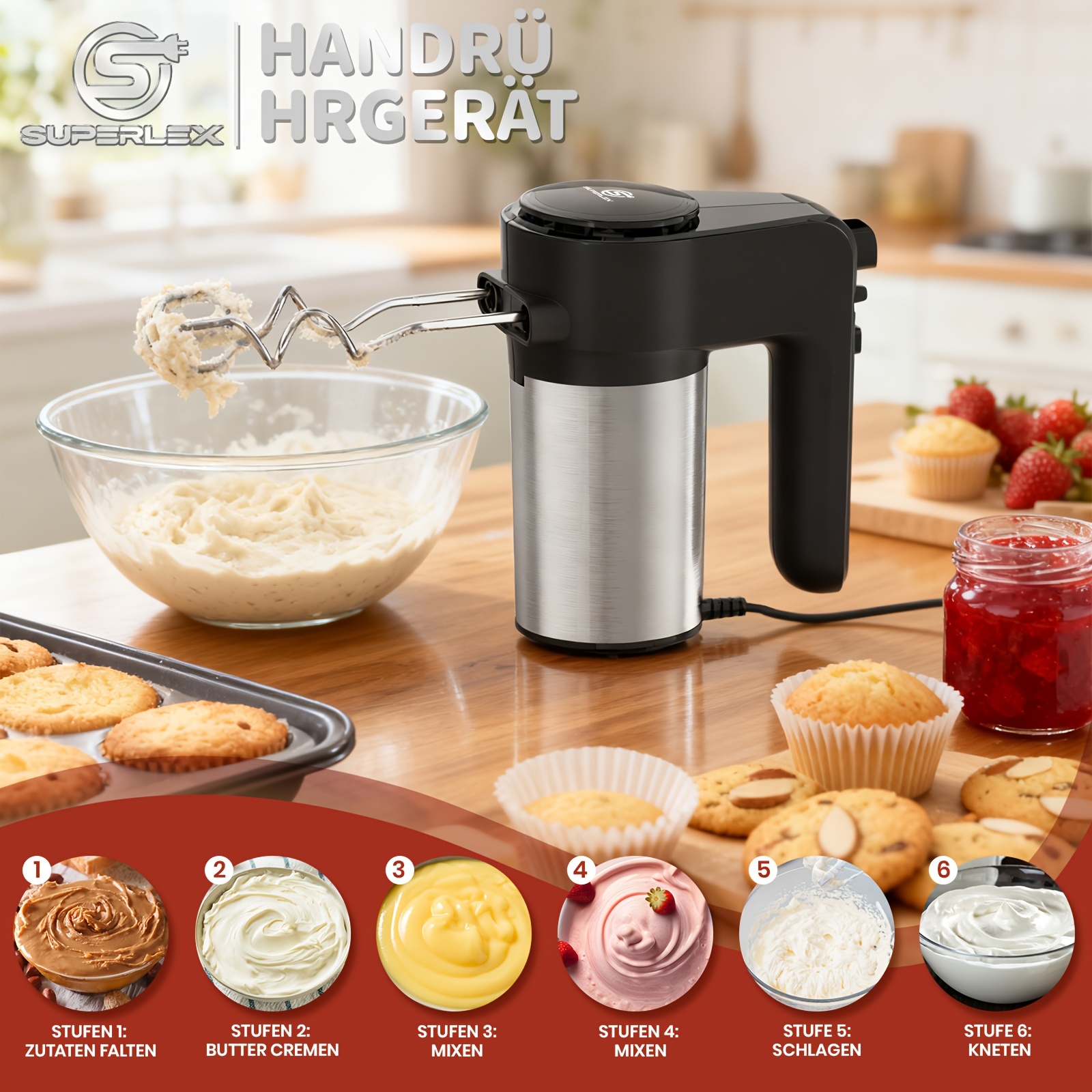 Superlex 300w Hand Mixer, 5-speed Adjustable & Quiet, Food Processor For Kneading & Whisking(black)
