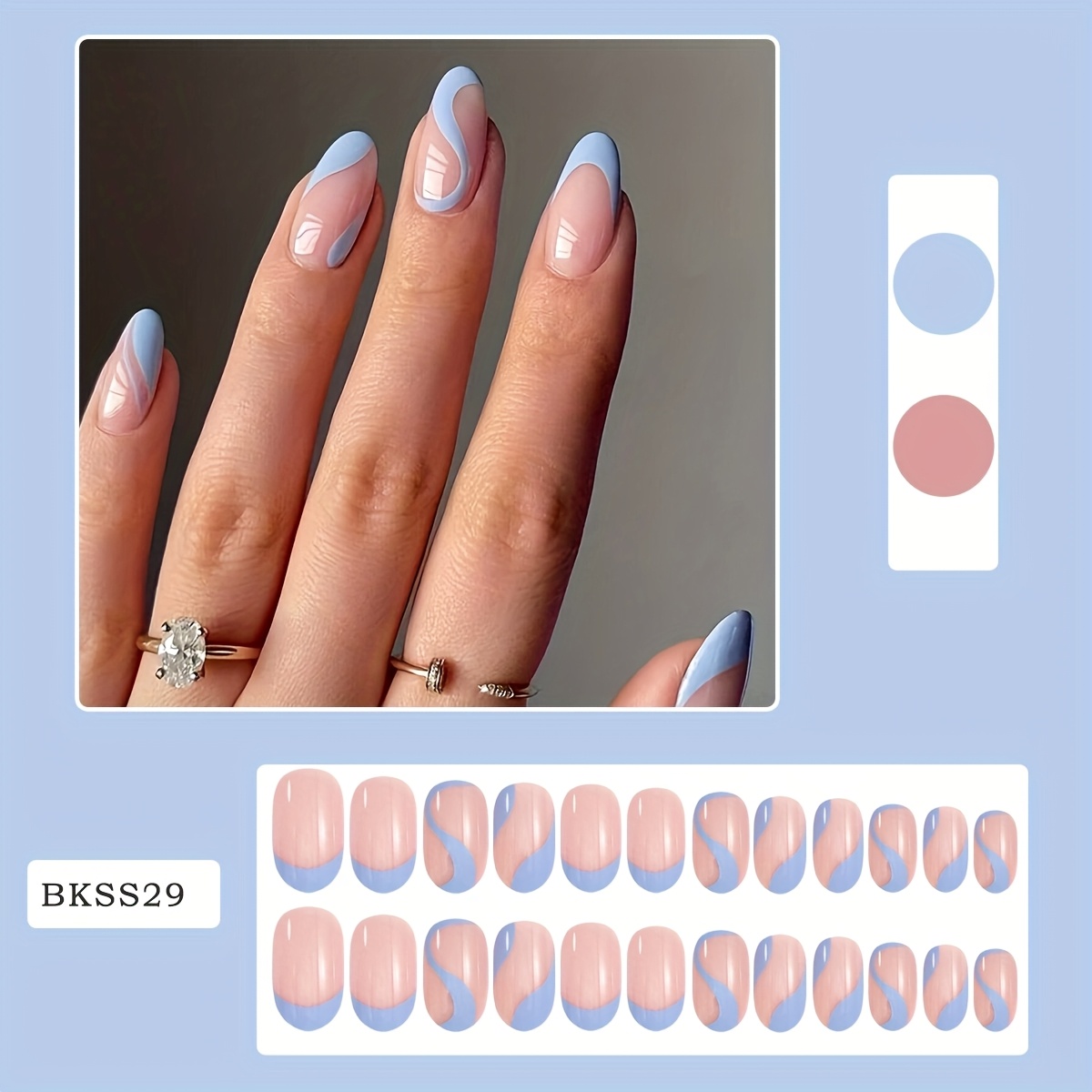 24 Stück Blaue Aufklebenägel – Silbrig Glänzend Gestreift, Press-on Nails, Verschiedene Größen