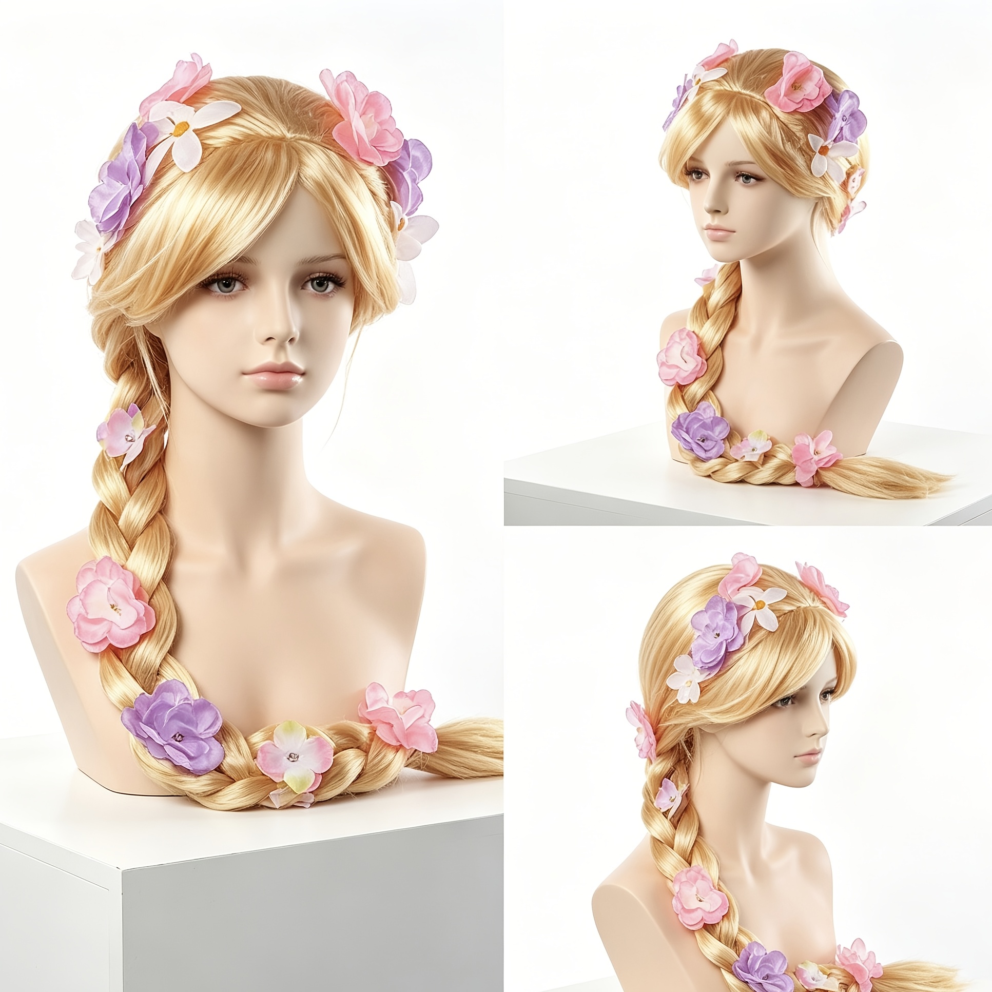 TEMU ACAG 36 pouces Super Long Or de Friture Cosplay Perruque Cheveux Princesse Décoration de Fleurs Longue Tresse Perruque Fibre Chimique Haute