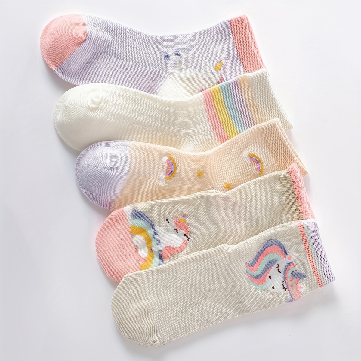

5 Pairs Of Girl's Cotton Blend Fashion Cute Pattern Crew Socks, Comfy Breathable Thin Socks For Summer Daily Wearing