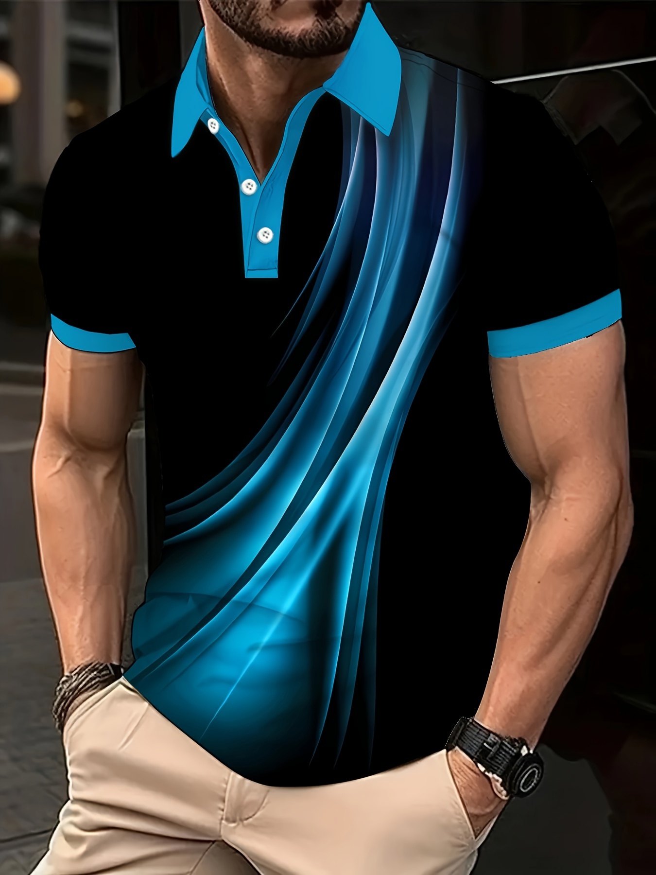 Plus Size Men's Golf T-shirt, Popular Retro Style Blue Lines Geometric Elements Design Print Short Sleeve Tennis Tees For Summer, Casual Trendy Tops For Males, Leisurewear For Big & Tall Guys